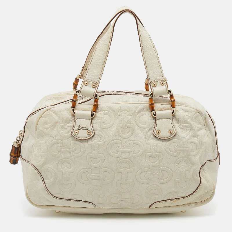 Gucci Cream Horsebit Embossed Leather Satchel