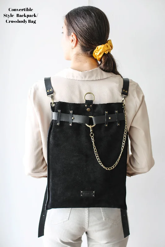 Black Suede Leather Backpack - 