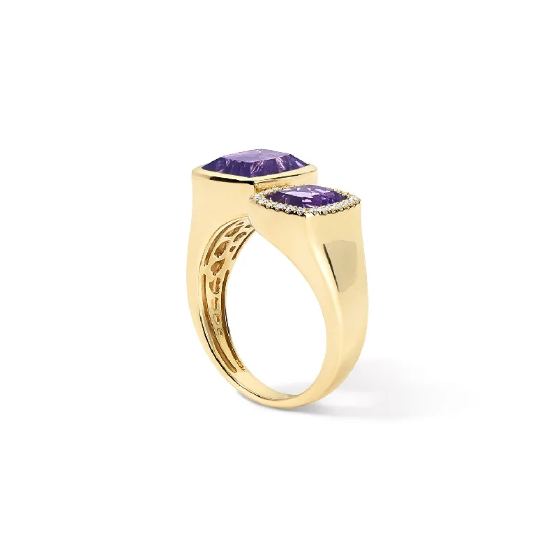 Amethyst Toi Et Moi Ring with Diamond Halo