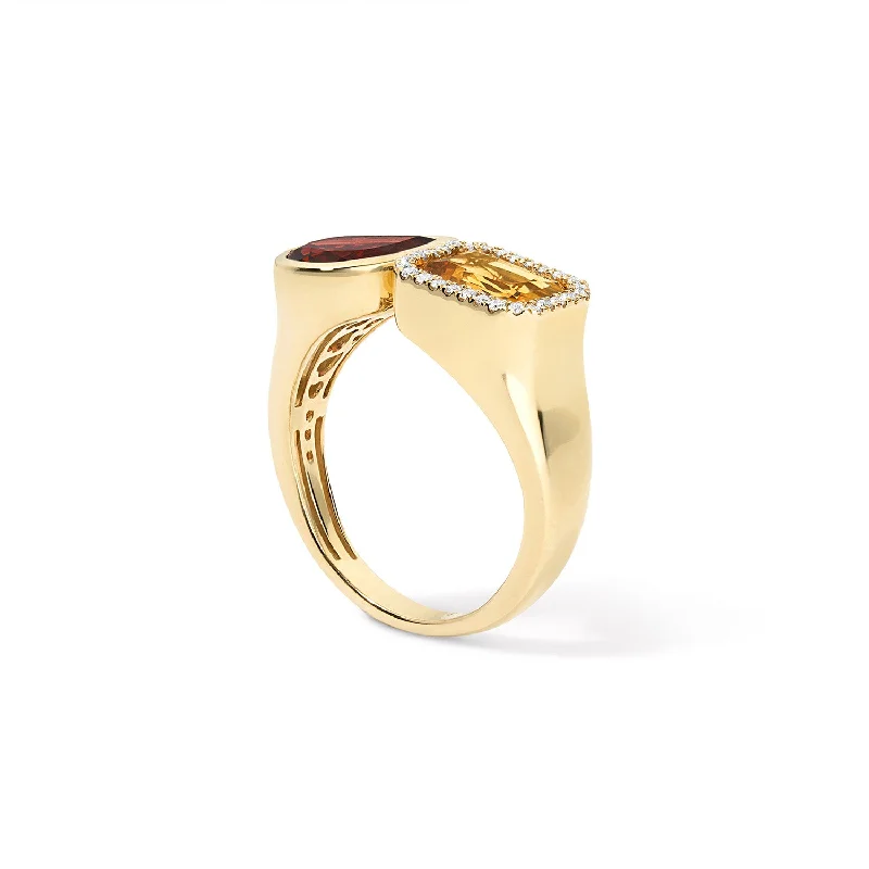 Citrine and Garnet Toi Et Moi Ring with Diamond Halo