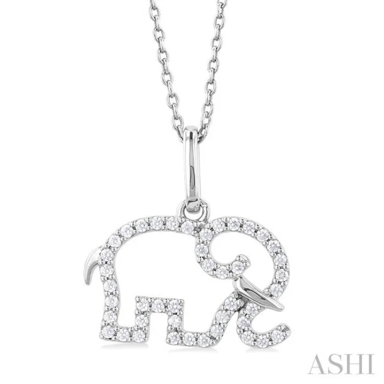 1/6 ctw Petite Tusked Elephant Frame Round Cut Diamond Fashion Pendant With Chain in 10K White Gold