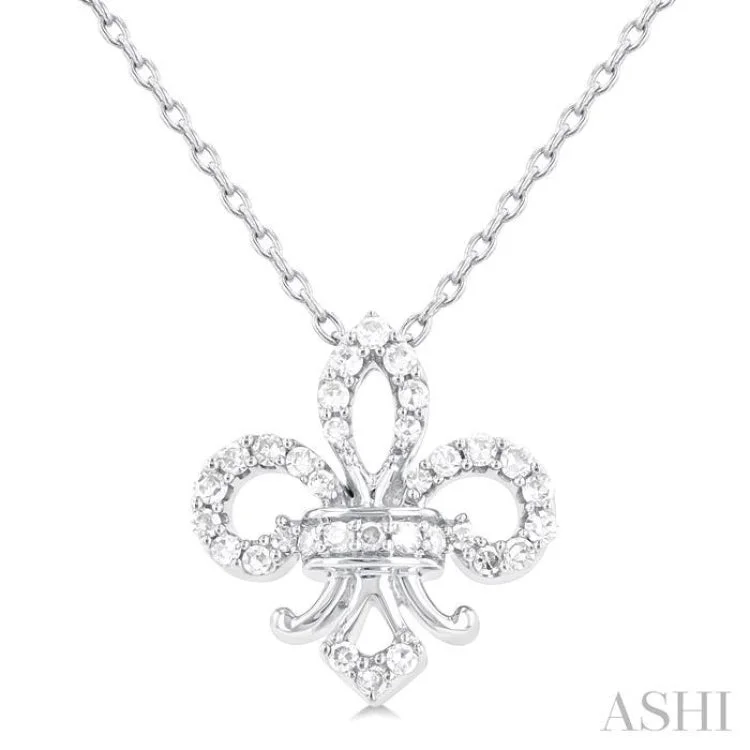 1/6 ctw Petite Fleur De Lis Round Cut Diamond Fashion Pendant With Chain in 10K White Gold