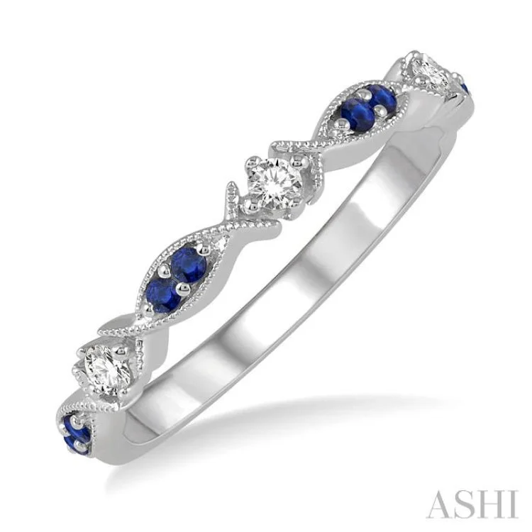 1.35 MM Round Cut Sapphire and 1/10 Ctw Round Cut Diamond Half Eternity Wedding Band in 14K White Gold