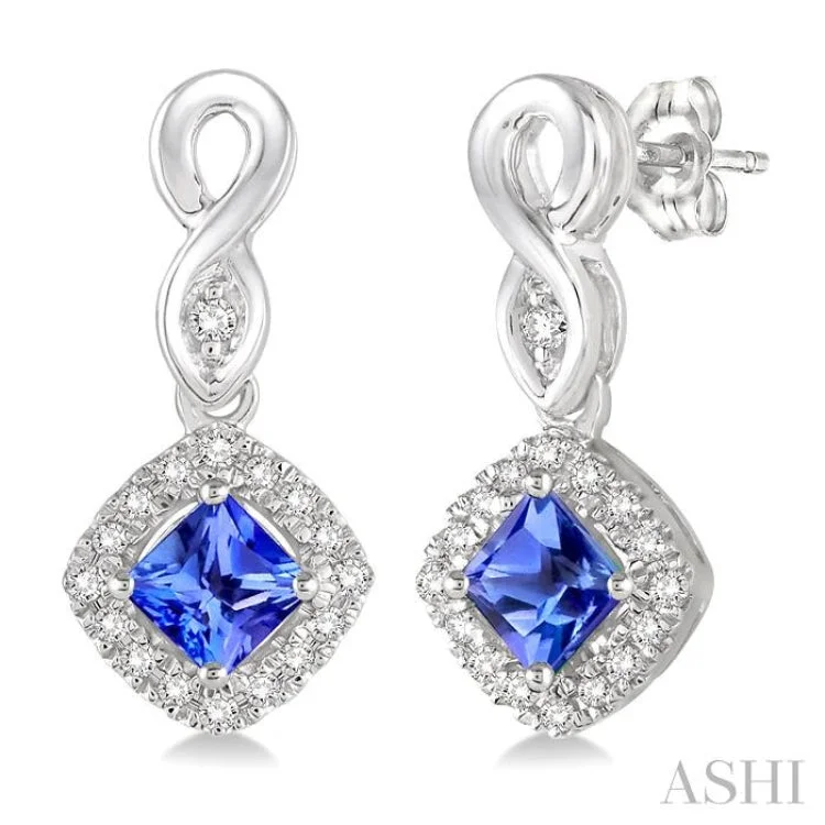 4x4 MM Cushion Shape Tanzanite and 1/5 Ctw Round Cut Diamond Earrings in 10K White Gold