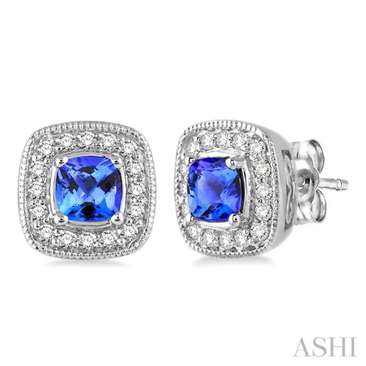 4x4  MM Cushion Shape Tanzanite and 1/5 Ctw Round Cut Diamond Earrings in 14K White Gold