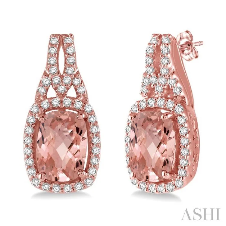 1/4 Ctw Round Cut Diamond and Cushion Shape 7x5 MM Morganite Center Semi Precious Earrings in 14K Rose Gold