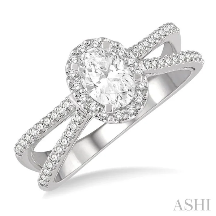 5/8 Ctw Oval Shape Split Shank Diamond Engagement Ring with 1/3 Ct Oval Cut Center Stone in 14K White Gold