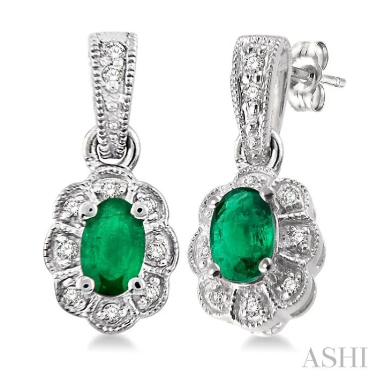 5x3 MM Oval Cut Emerald and 1/10 Ctw Single Cut Diamond Earrings in 10K White Gold