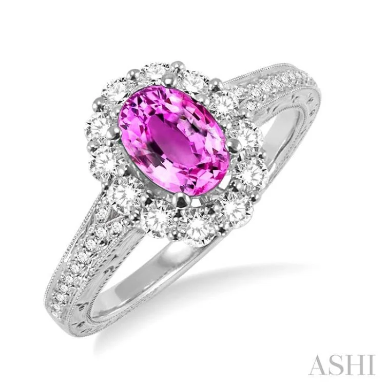 7x5mm Oval Cut Pink Sapphire and 1/2 Ctw Round Cut Diamond Ring in 14K White Gold