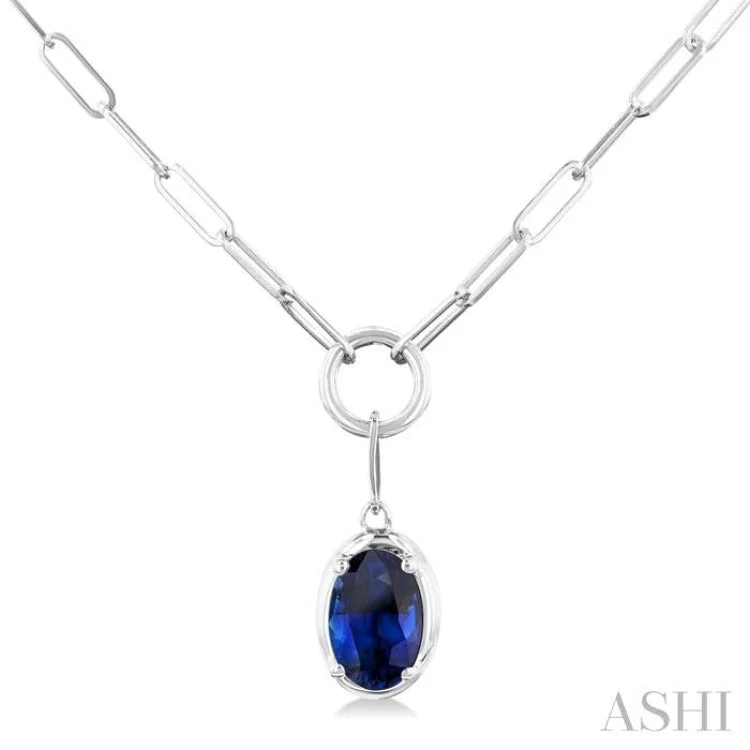 6X4MM Oval Cut Sapphire Solitaire Precious Paper Clip Necklace in 14K White Gold