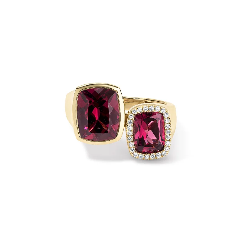 Rhodolite Toi Et Moi Ring with Diamond Halo