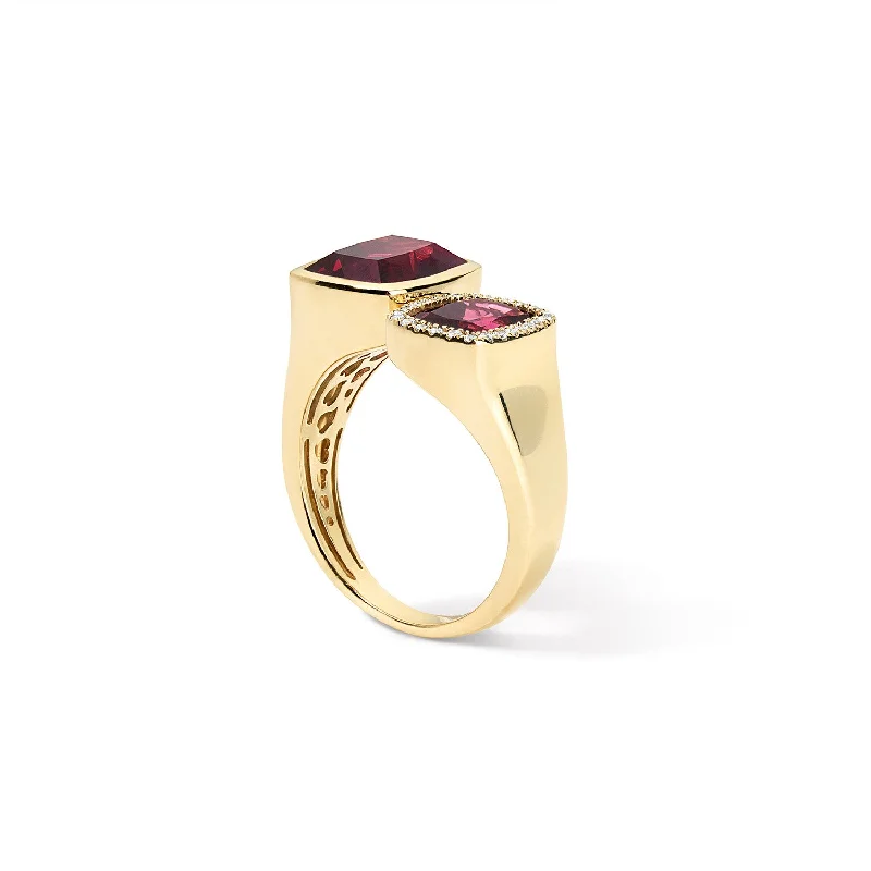 Rhodolite Toi Et Moi Ring with Diamond Halo