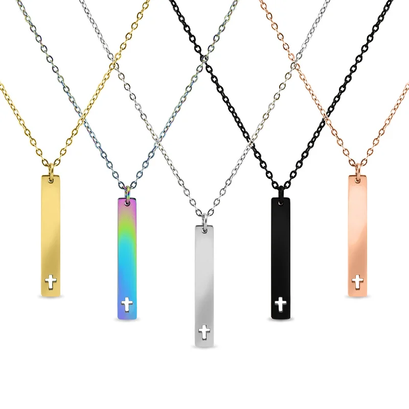 Cross Cutout Vertical Stainless Steel Bar Necklace / SBB0163