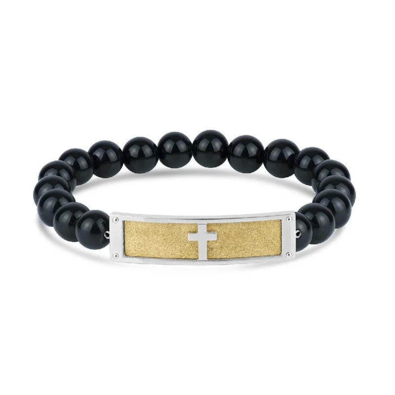 Two-Tone Stainless Steel Cross 8-inch Beaded Bracelet