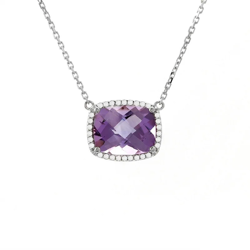 White Gold Amethyst and Diamond Halo Necklace