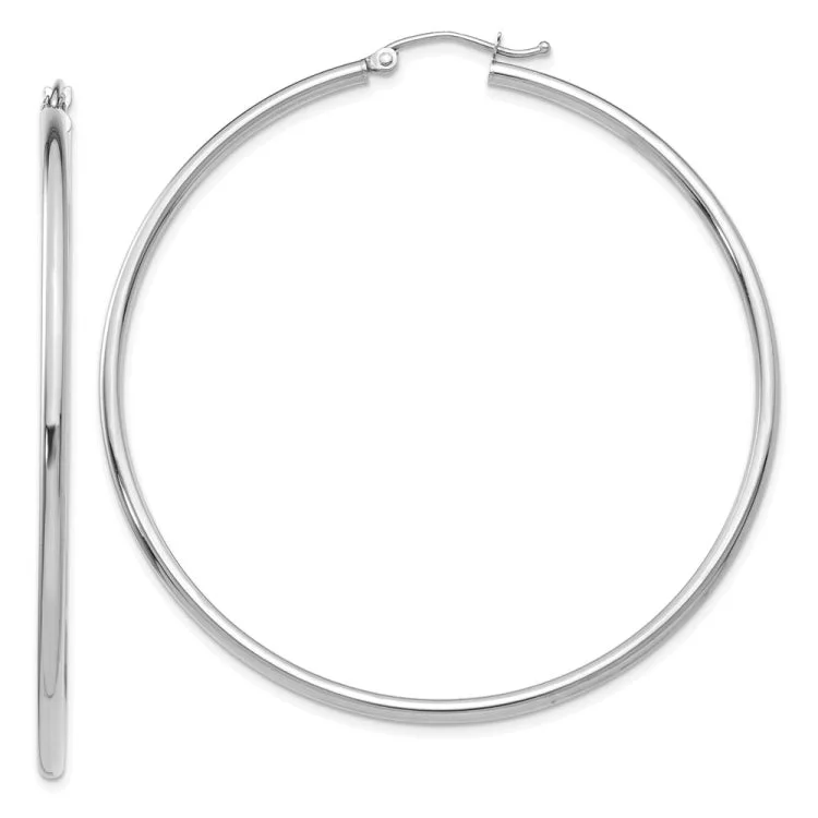 14k White Gold Polished 2x55mm Lightweight Tube Hoop Earrings