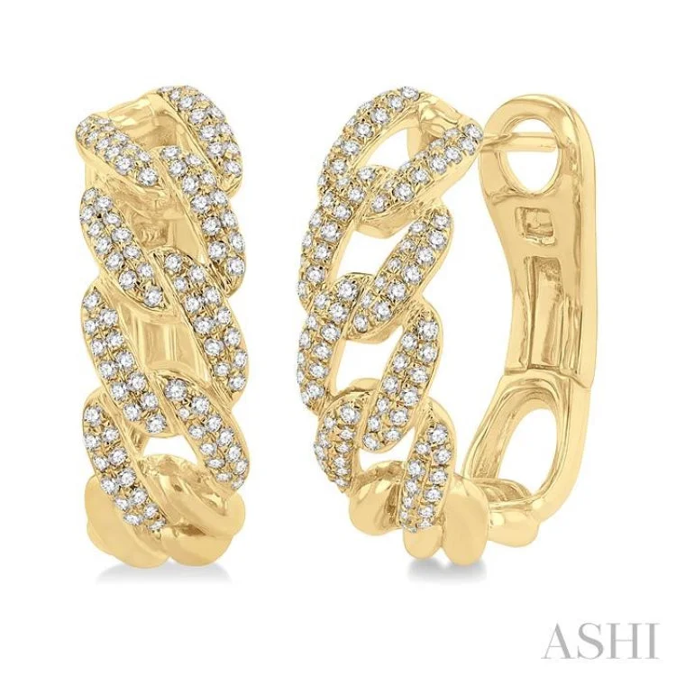 5/8 Ctw Round Cut Diamond Curb & Cuban Hoop Earrings in 14K Yellow Gold