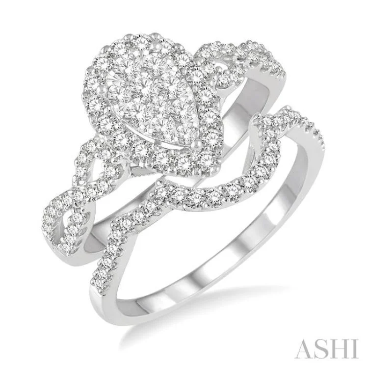 7/8 Ctw Lovebright Diamond Wedding Set With 3/4 Ctw Pear Shape Engagement Ring and 1/5 Ctw Arched Wedding Band in 14K White Gold