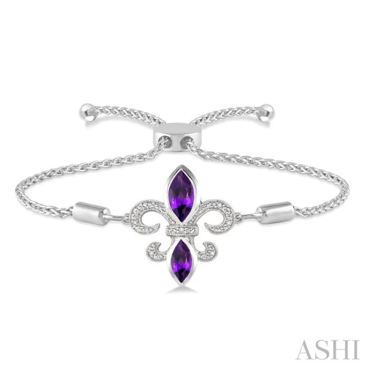 1/20 Ctw Round Diamond and Marquise 10x5mm & 8x4mm Amethyst Fleur De Lis Sterling Silver Lariat Bracelet