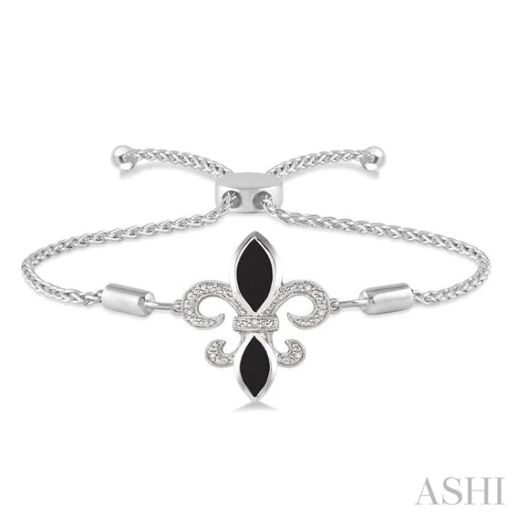 1/20 Ctw Round Diamond and Marquise 10x5mm & 8x4mm Onyx Fleur De Lis Sterling Silver Lariat Bracelet