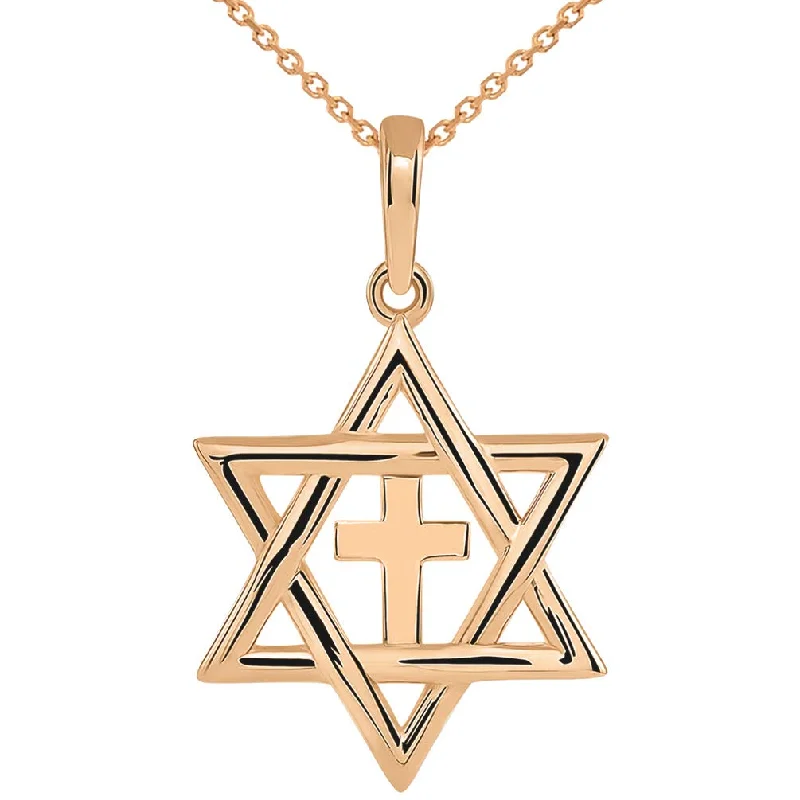 14k Rose Gold Jewish Star of David with Beautiful Religious Cross Judeo Christian Pendant Necklace