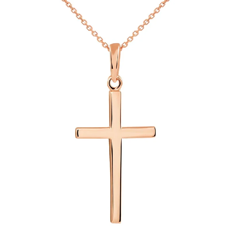 14k Solid Rose Gold Classic Plain Religious Cross Pendant Necklace