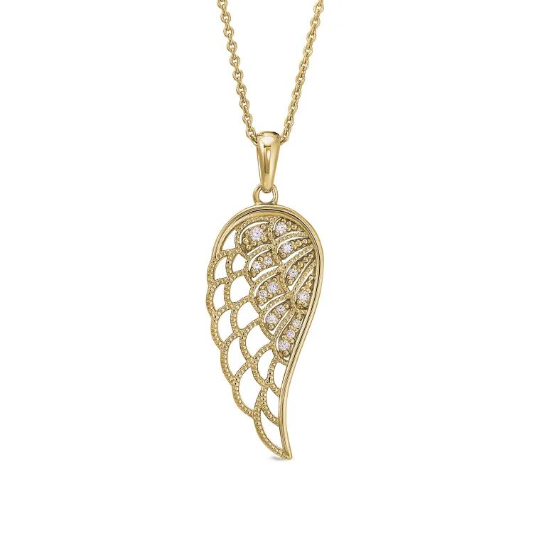 Gold Finish Sterling Silver Micropave Angel Wing Pendant with Simmulated Diamonds on 16