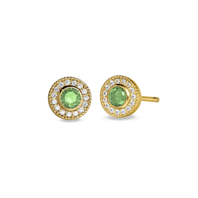 Gold Finish Sterling Silver Micropave Round Simulated Peridot Earrings with Simulated Diamonds