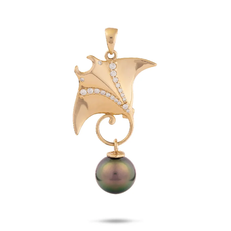 Ocean Dance Manta Ray Tahitian Black Pearl Pendant in Gold with Diamonds - 9-10mm