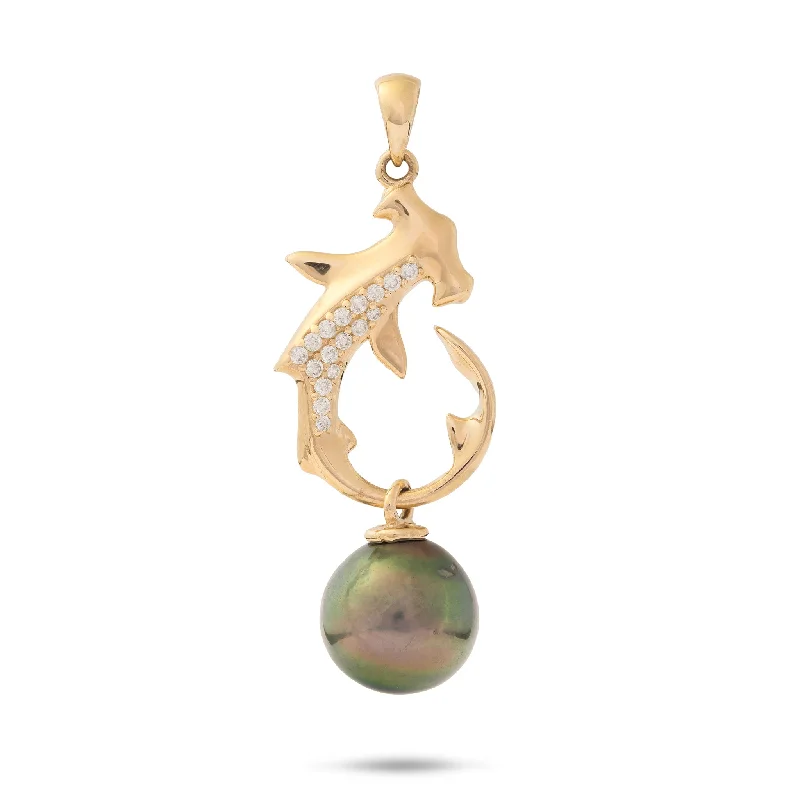 Ocean Dance Hammerhead Shark Tahitian Black Pearl Pendant in Gold with Diamonds