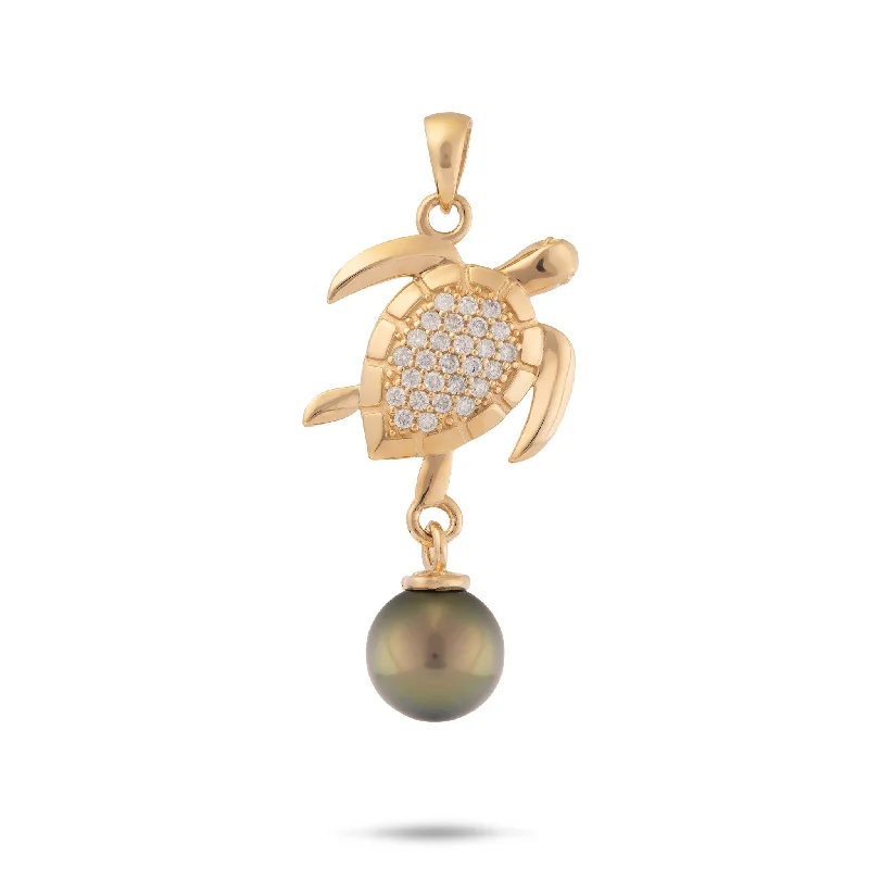 Ocean Dance Honu (Sea Turtle) Tahitian Black Pearl Pendant in Gold with Diamonds - 9-10mm