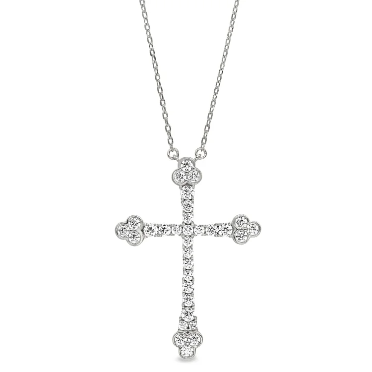 Platinum Finish Sterling Silver Micropave Fancy Cross Pendant with Simulated Diamonds on 16