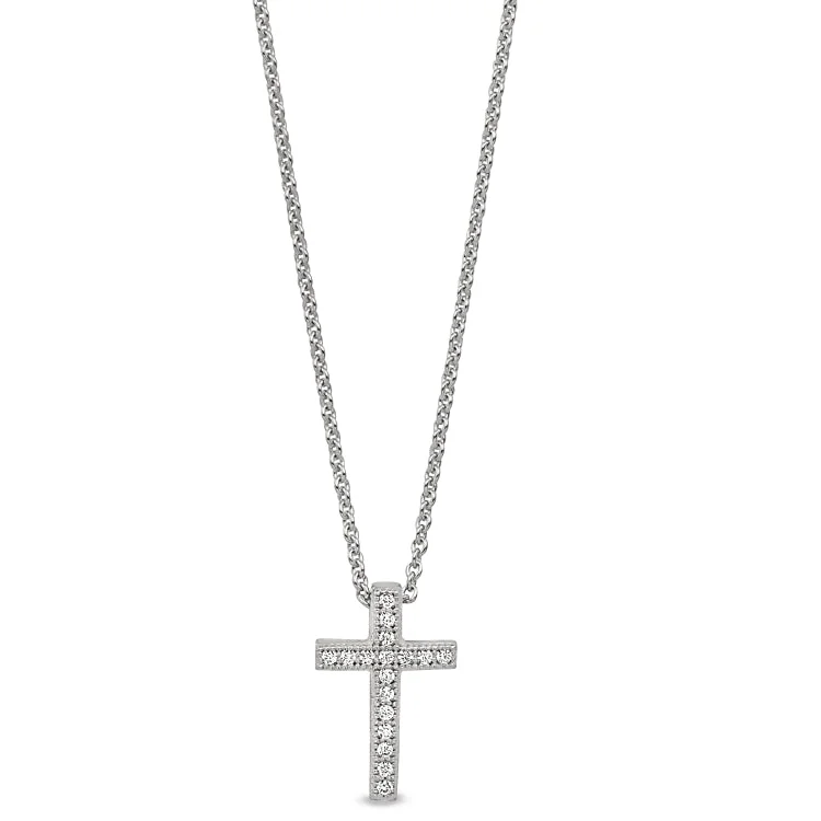 Platinum Finish Sterling Silver Micropave Cross Pendant with Simulated Diamonds on 16