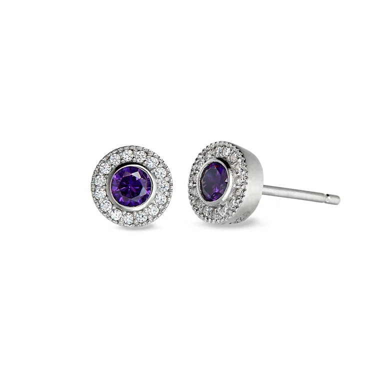 Platinum Finish Sterling Silver Micropave Round Simulated Amethyst Earrings with Simulated Diamonds