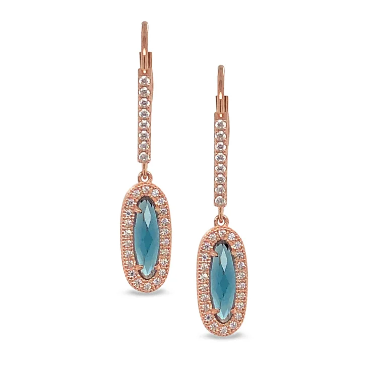 Rose Gold Finish Sterling Silver Micropave Oblong Earrings with Simulated London Blue Topaz and Simulated Diamonds