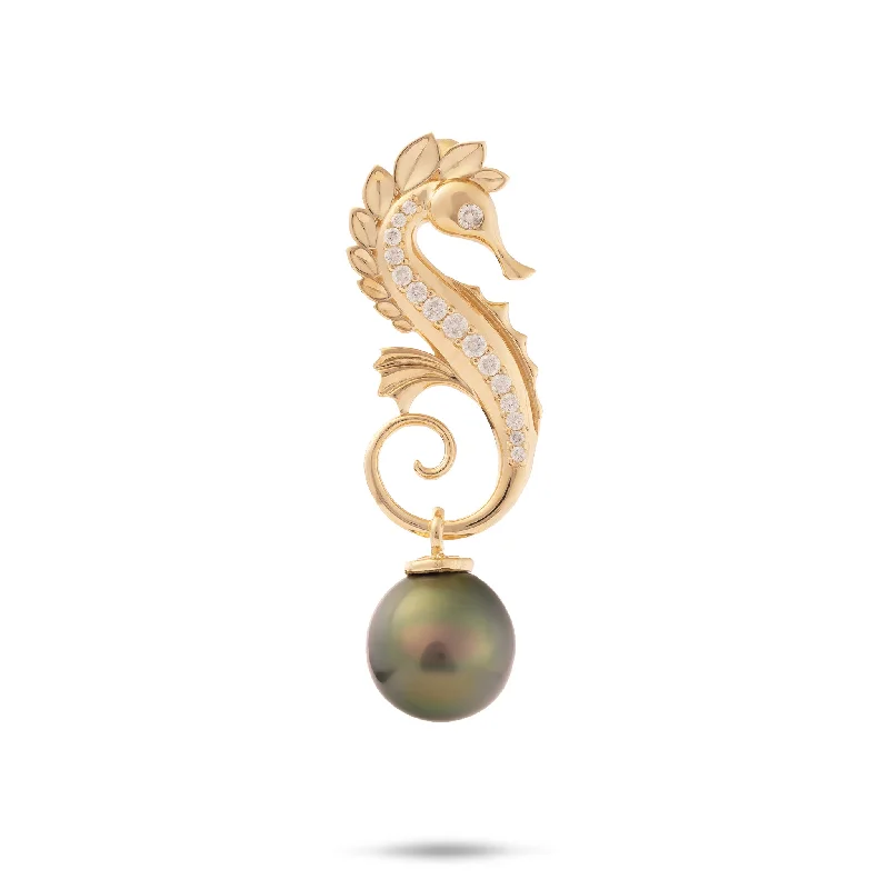 Ocean Dance Seahorse Tahitian Black Pearl Pendant in Gold with Diamonds - 9-10mm