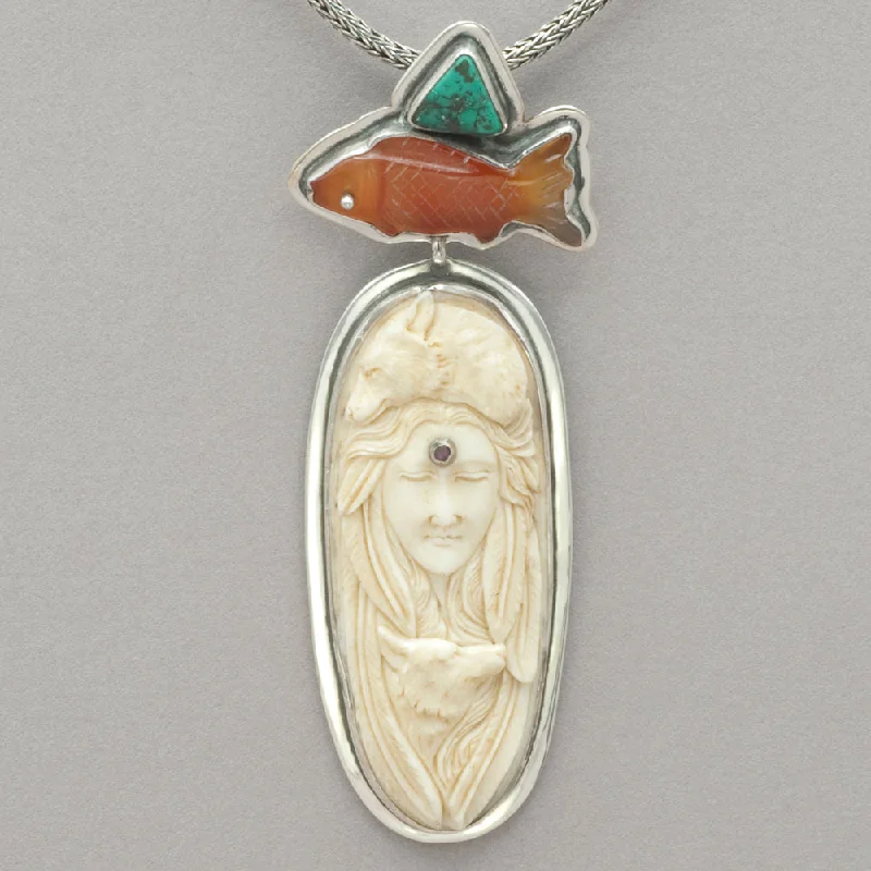 Tabra Carnelian Fish and Bone Wolf Woman Pendant