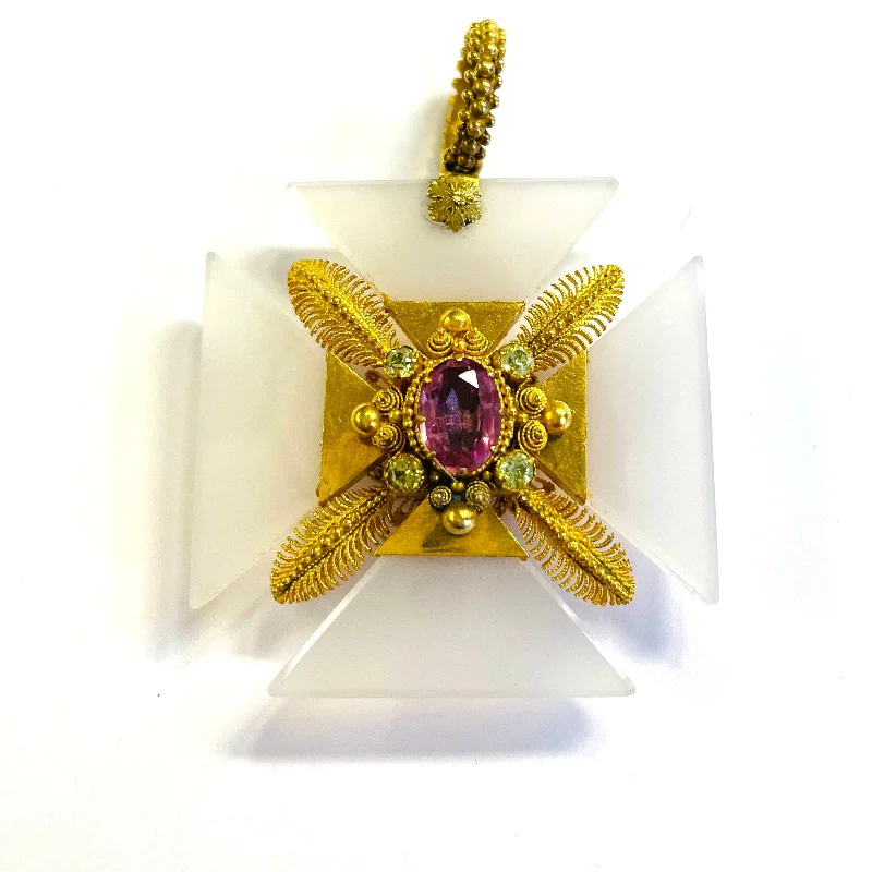 Victorian 18KT Yellow Gold Agate & Pink Topaz Maltese Cross Pendant